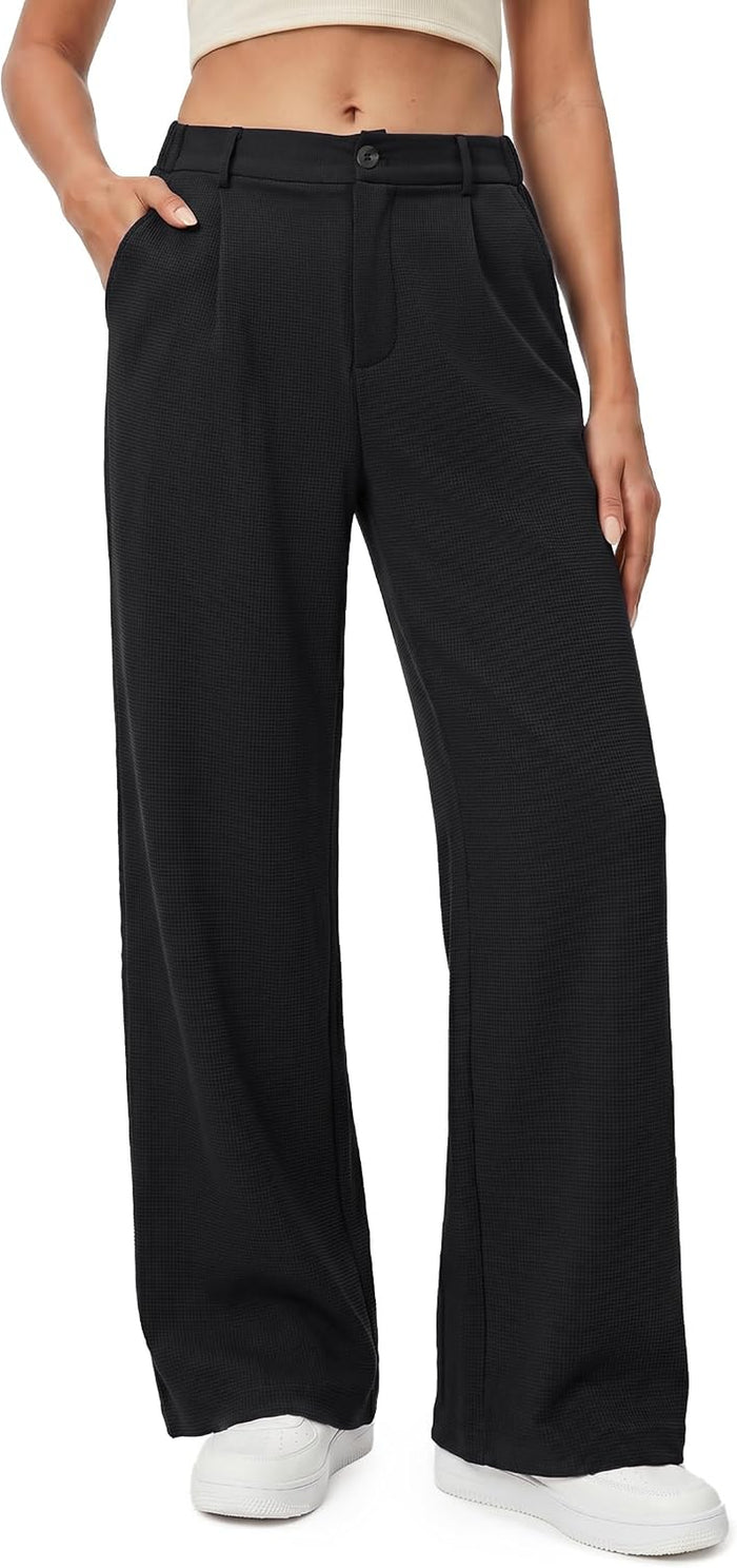Pantalon Fluide Femme Taille Haute Elastique Jambe Large Droite Léger Texturé Pantalon Femme Été Chic Et Elegant Ample Sans Repassage Décontractés Avec Bouton Poches