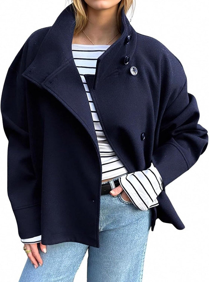 Manteau Court En Laine À Col Montant Et Boutonnage Simple Pour Femme Avec Poches