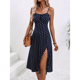Robe Midi À Pois Avec Fente Femme – Robe D’Été Élégante Sans Manches