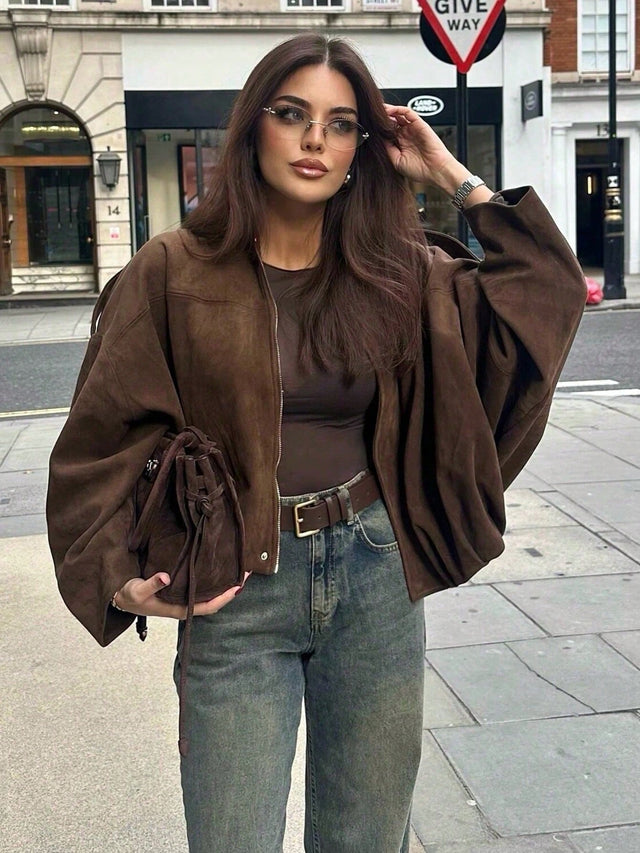 HLPHA Women'S Elegant Solid Color Faux Suede Aviator Jacket, Lightweight Basic Casual Autumn School & Commute Outerwear