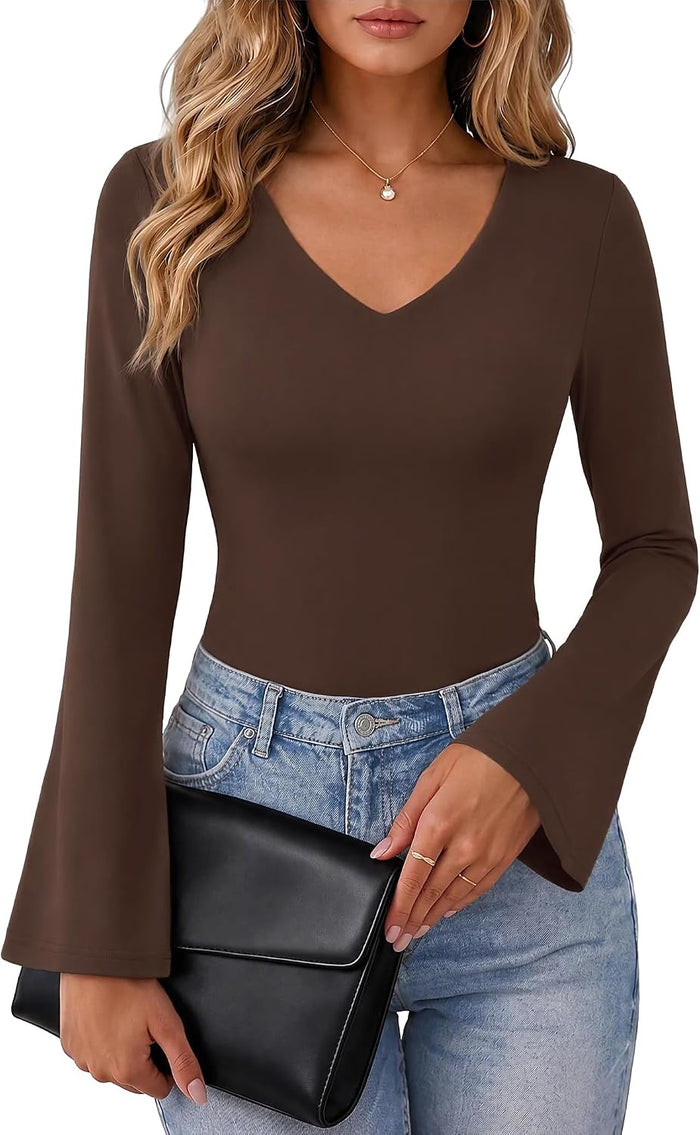 T Shirt Femme Top Col V Coupe Ajustée Manches Longues Évasées