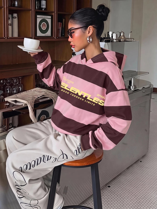 Muchica Casual Streetwear College Style Pink Striped Letter Print Women'S Long Sleeve Loose Hooded Sweatshirt, Suitable for Fall, School Everyday, Gathering
