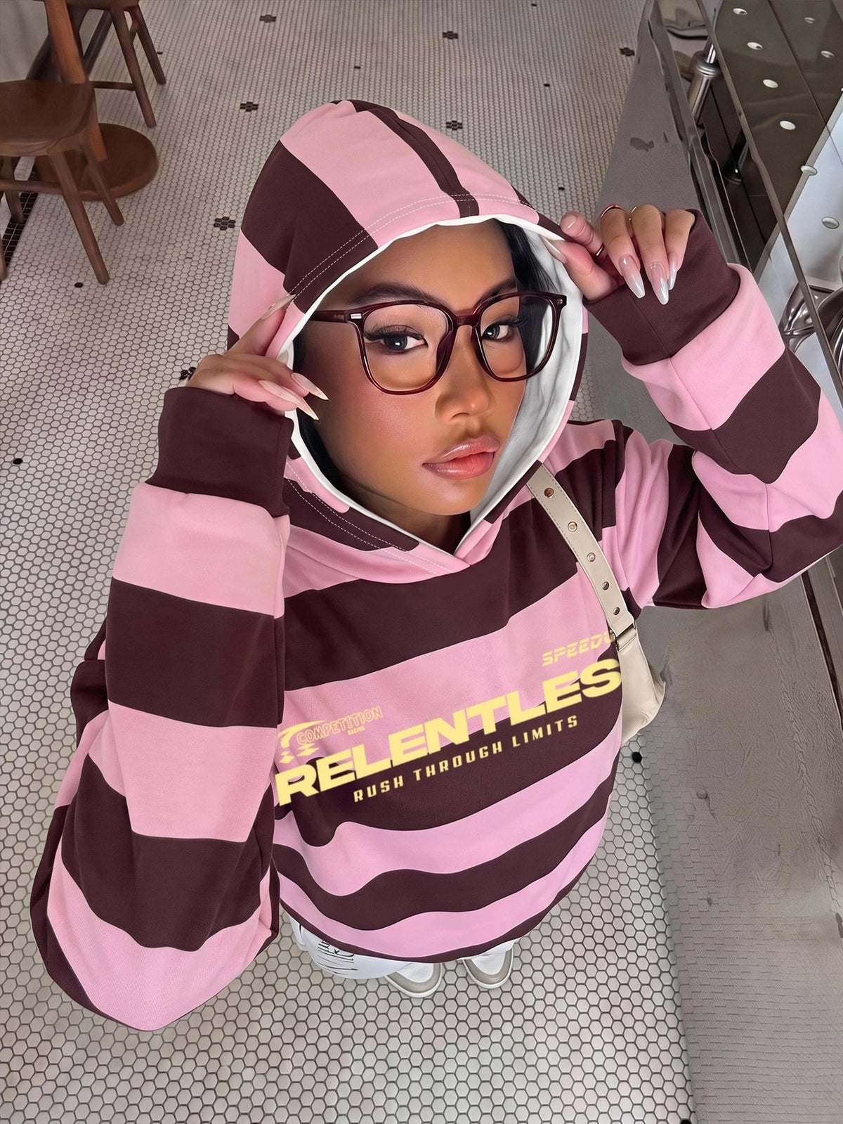 Muchica Casual Streetwear College Style Pink Striped Letter Print Women'S Long Sleeve Loose Hooded Sweatshirt, Suitable for Fall, School Everyday, Gathering