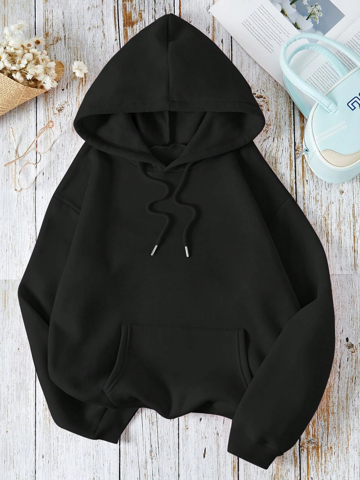 INAWLY Solid Kangaroo Pocket Drawstring Thermal Lined Hoodie,Long Sleeve Tops