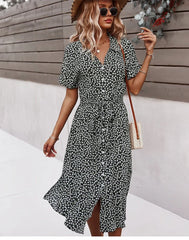 Robe D’Été Femme Avec Liens – Robe Midi Décontractée À Fleurs Et Boutons