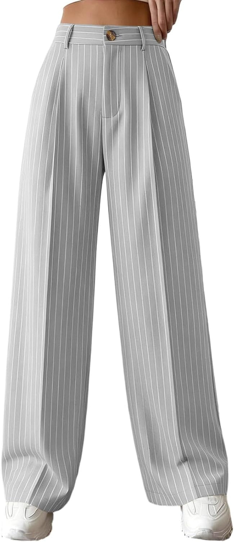 Pantalon Large Pour Femme, Taille Haute, Poches Droites À Rayures Fines
