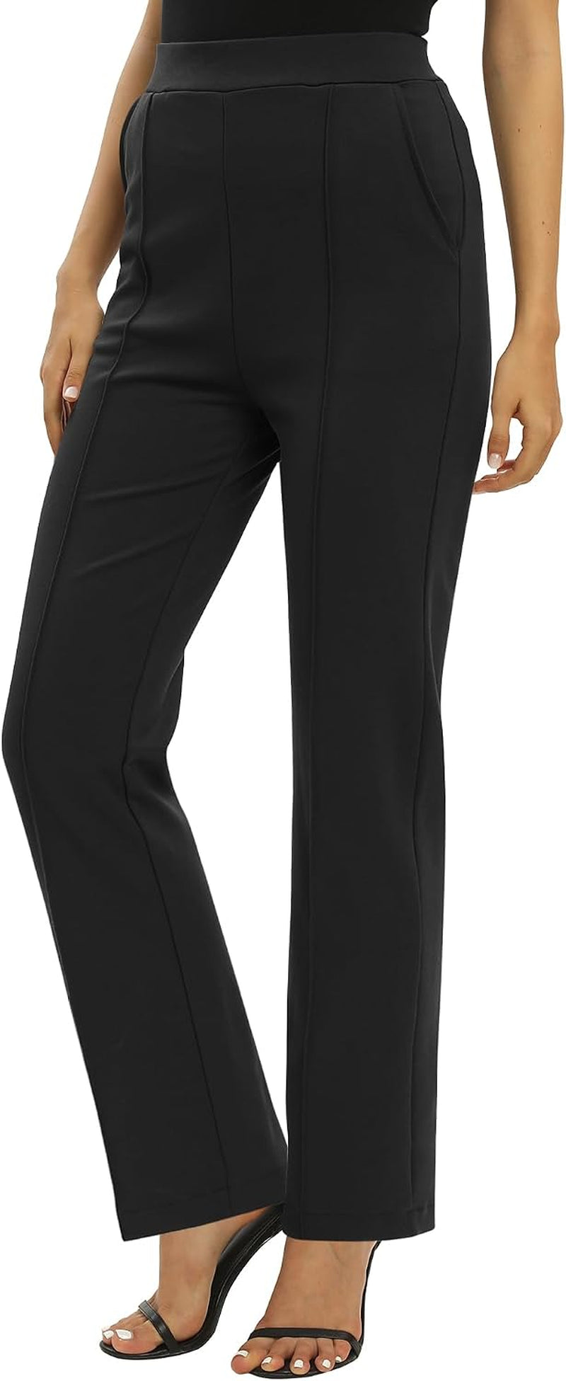 Femmes Bureaux Casual Jambes Droites Élastique Travail Pantalons Taille Haute Pantalons Avec Poches