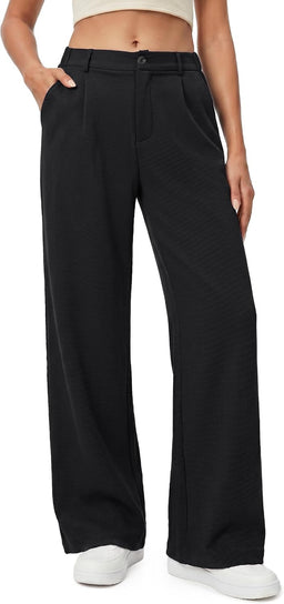 Pantalon Fluide Femme Taille Haute Elastique Jambe Large Droite Léger Texturé Pantalon Femme Été Chic Et Elegant Ample Sans Repassage Décontractés Avec Bouton Poches