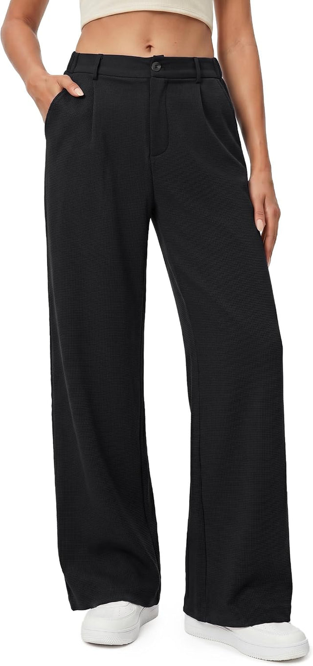 Pantalon Fluide Femme Taille Haute Elastique Jambe Large Droite Léger Texturé Pantalon Femme Été Chic Et Elegant Ample Sans Repassage Décontractés Avec Bouton Poches
