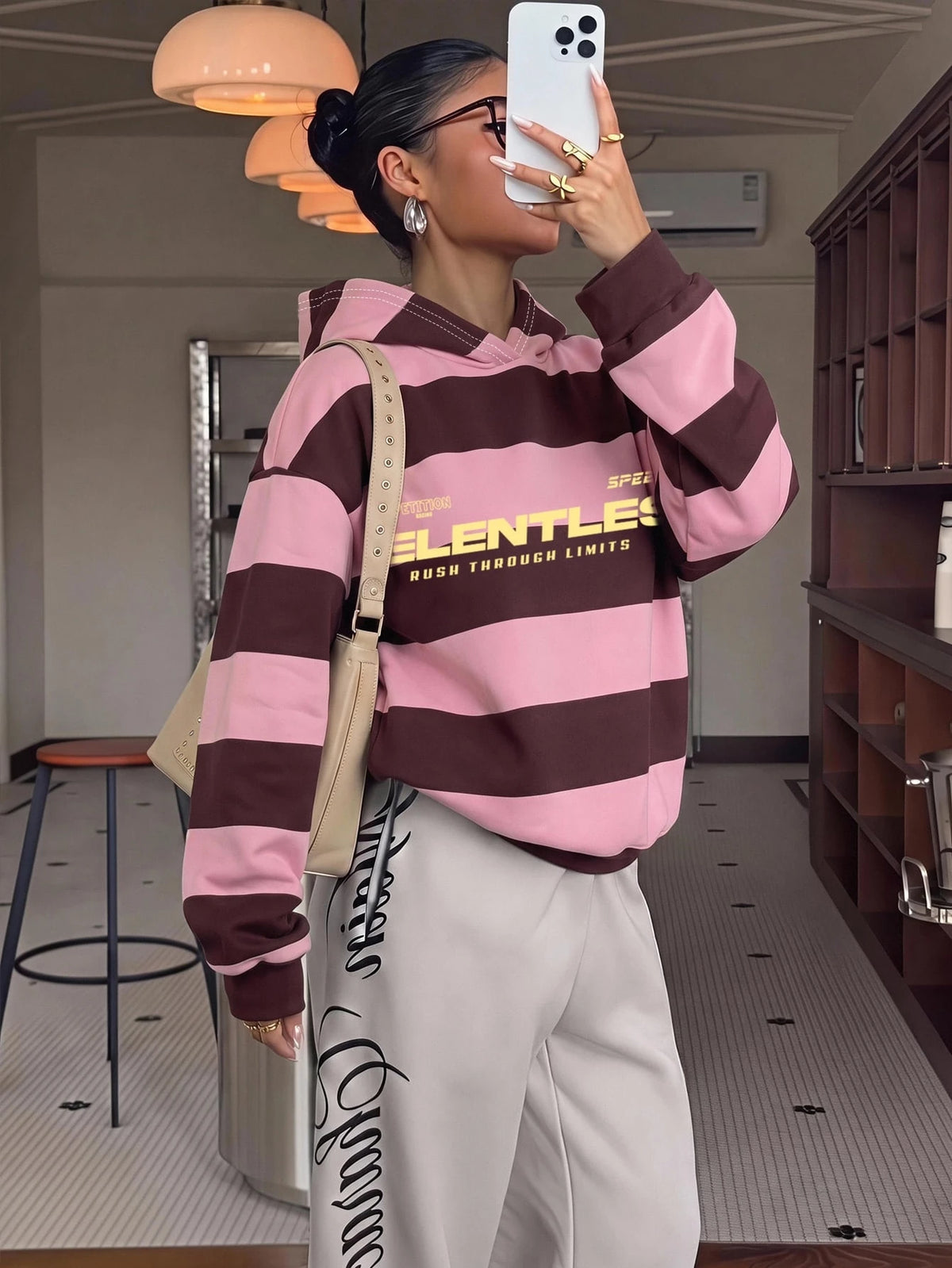 Muchica Casual Streetwear College Style Pink Striped Letter Print Women'S Long Sleeve Loose Hooded Sweatshirt, Suitable for Fall, School Everyday, Gathering