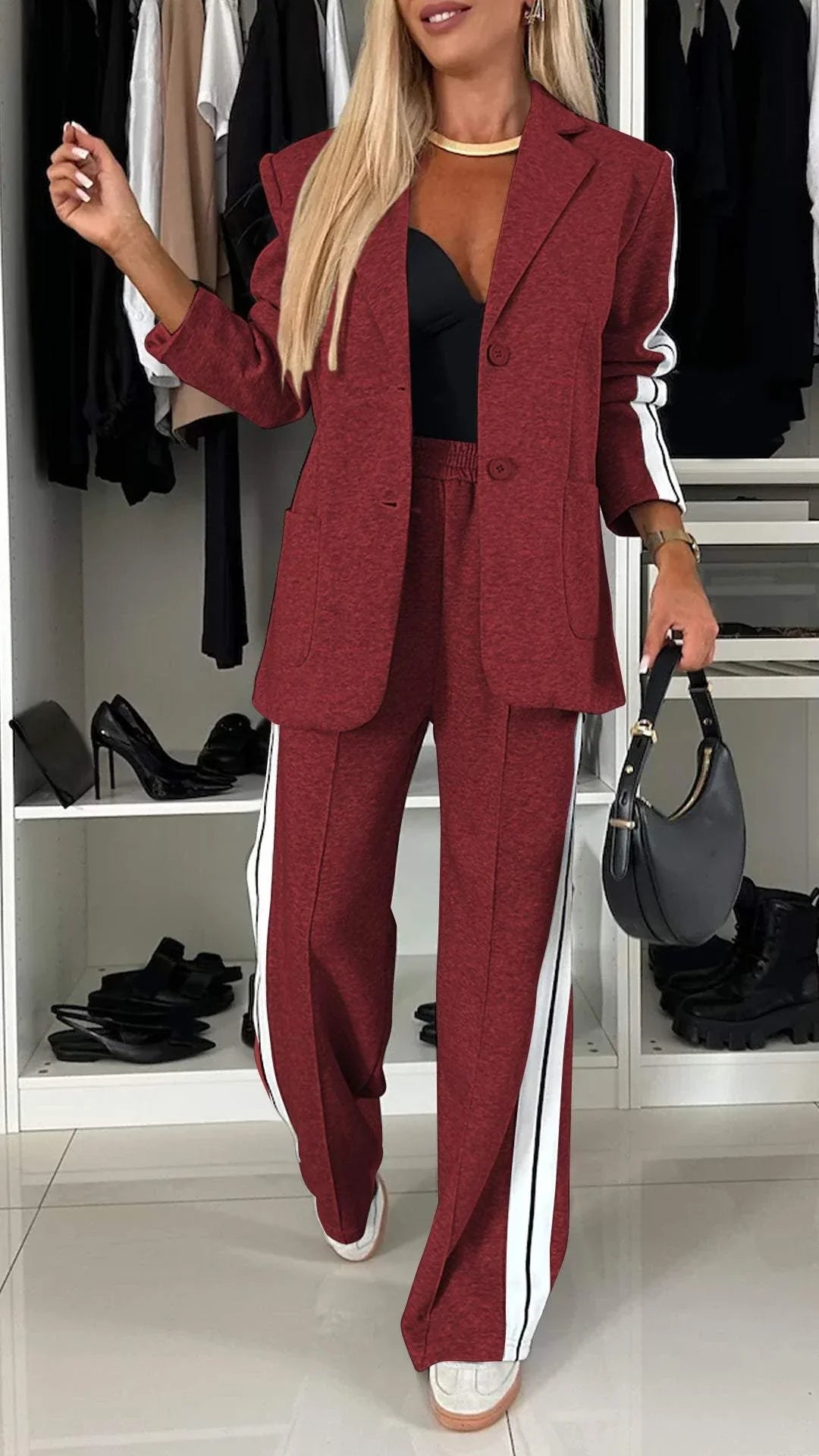 Ensemble Décontracté À Simple Boutonnage Pour Femme – Veste Lâche À Rayures Et Pantalon Large