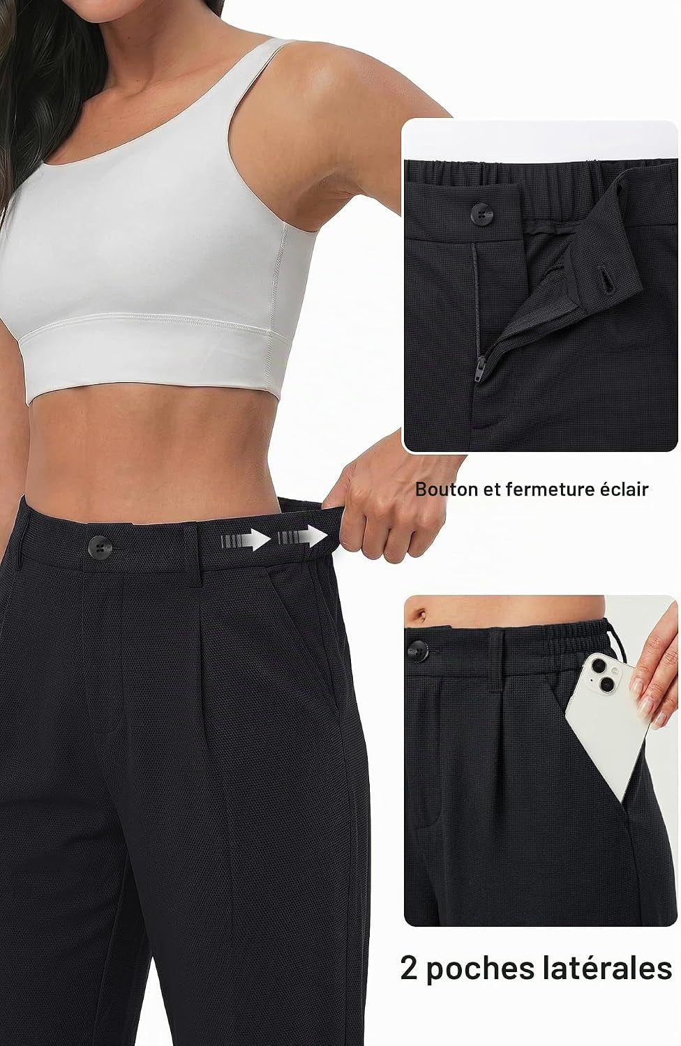Pantalon Fluide Femme Taille Haute Elastique Jambe Large Droite Léger Texturé Pantalon Femme Été Chic Et Elegant Ample Sans Repassage Décontractés Avec Bouton Poches
