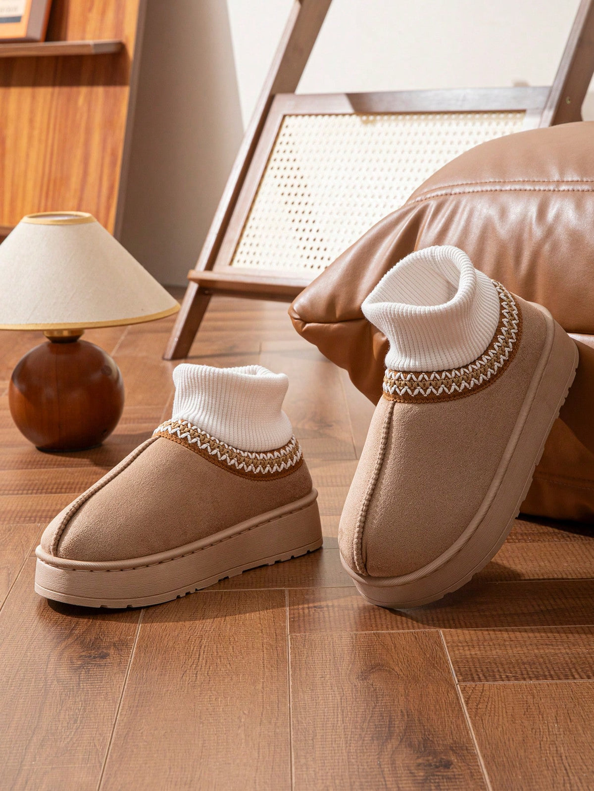 Vintage Knitted Sock Snow Boots for Women, Autumn/Winter Thick Sole Height-Increasing Thermal Lined Warm Outdoor Wear Slouchy Slip-On Slippers
