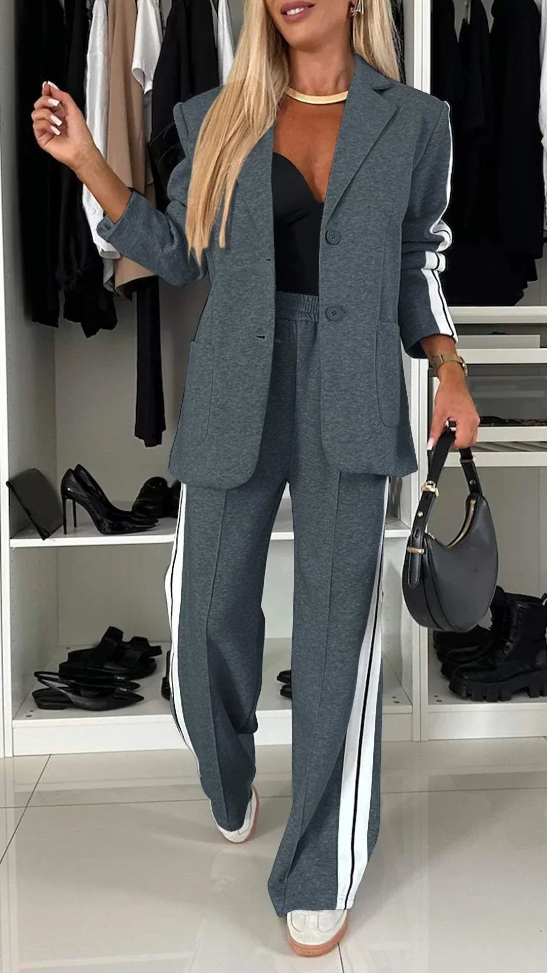 Ensemble Décontracté À Simple Boutonnage Pour Femme – Veste Lâche À Rayures Et Pantalon Large