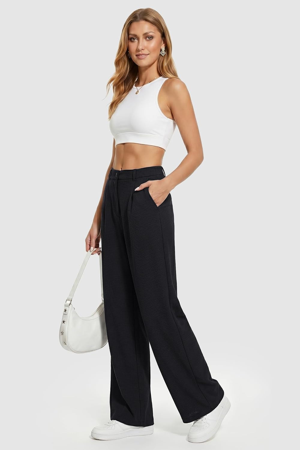 Pantalon Fluide Femme Taille Haute Elastique Jambe Large Droite Léger Texturé Pantalon Femme Été Chic Et Elegant Ample Sans Repassage Décontractés Avec Bouton Poches