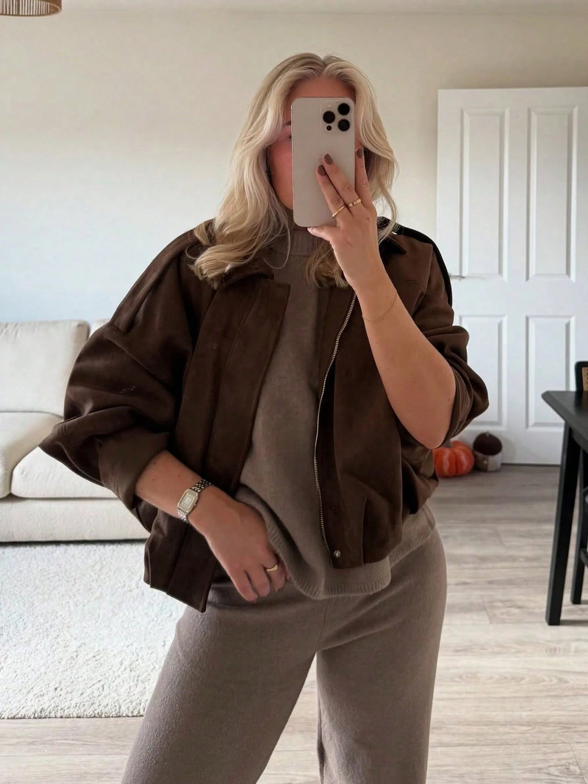 HLPHA Women'S Elegant Solid Color Faux Suede Aviator Jacket, Lightweight Basic Casual Autumn School & Commute Outerwear