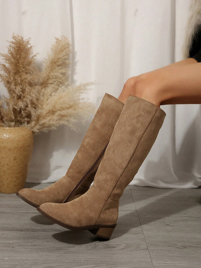 Fall/Winter plus Size Women'S Suede Brown Knee-High Boots with Side Zipper and Chunky Heel