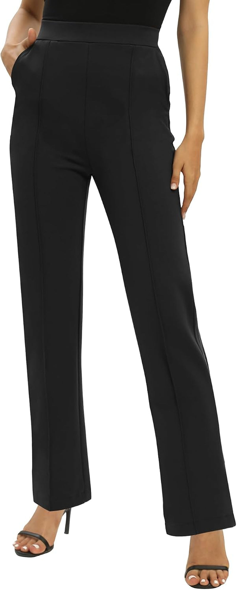 Femmes Bureaux Casual Jambes Droites Élastique Travail Pantalons Taille Haute Pantalons Avec Poches