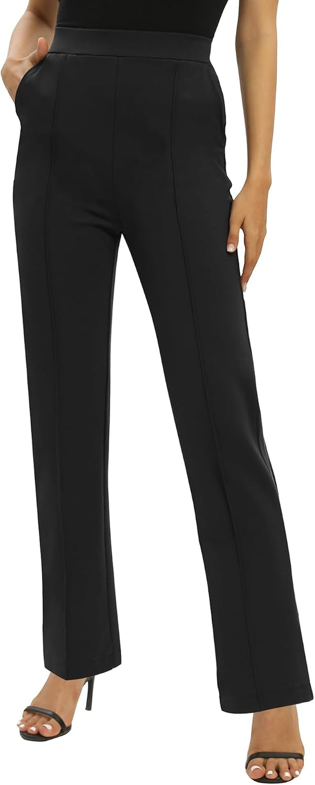 Femmes Bureaux Casual Jambes Droites Élastique Travail Pantalons Taille Haute Pantalons Avec Poches