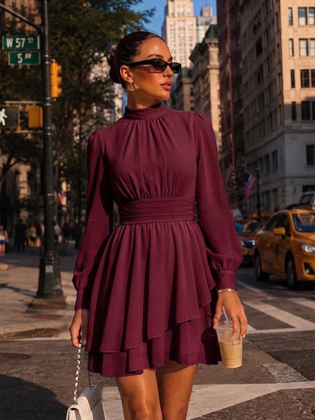 Women'S Elegant Romantic Small Stand Collar Asymmetrical Hem Flowy Chiffon Cinched Waist Dress, Suitable for Date, Vacation, Daily Wear, Birthday Party, Wedding Guest, Gentle and Playful Short Long Sleeve Dress
