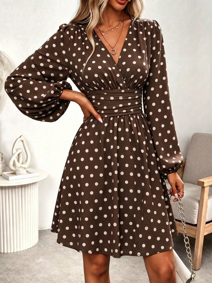 EMERY ROSE Women'S Brown Polka Dot Contrast Collar Waist Knot Pleated Back Waist Cinched A-Line Split Sides Puff Sleeve Long Sleeve Short Dress, Elegant French Vintage Romantic Commuter Business Vacation Casual Street Style Minimalist Versatile Old Money Style Dress, Christmas Thanksgiving Back to School New Year Outfit, Autumn/Winter New Arrival