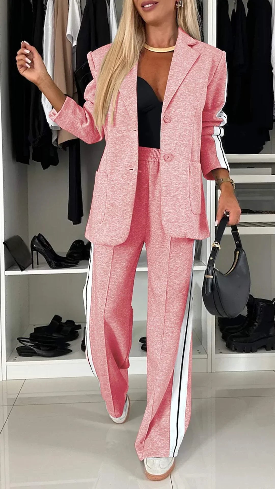 Ensemble Décontracté À Simple Boutonnage Pour Femme – Veste Lâche À Rayures Et Pantalon Large