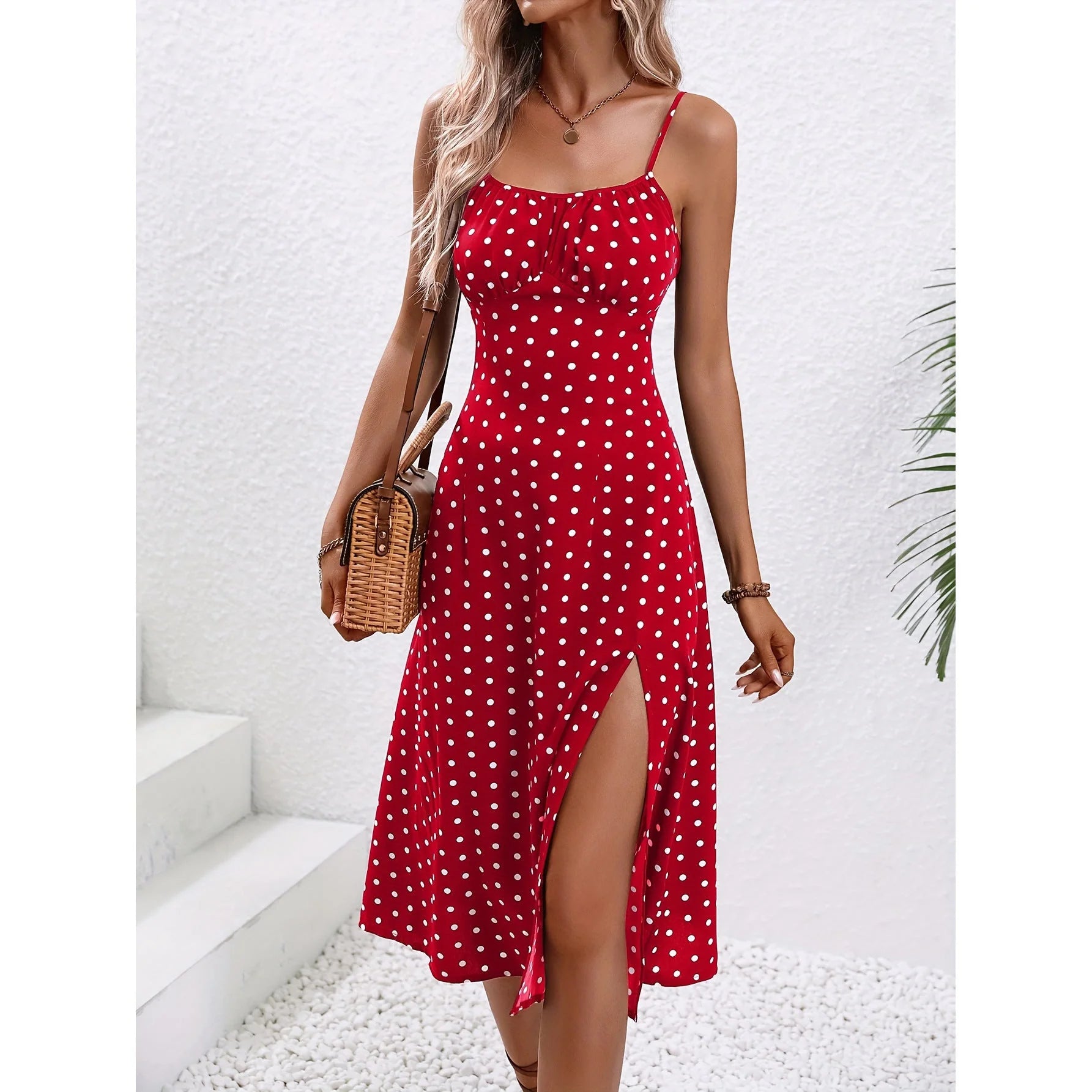 Robe Midi À Pois Avec Fente Femme – Robe D’Été Élégante Sans Manches