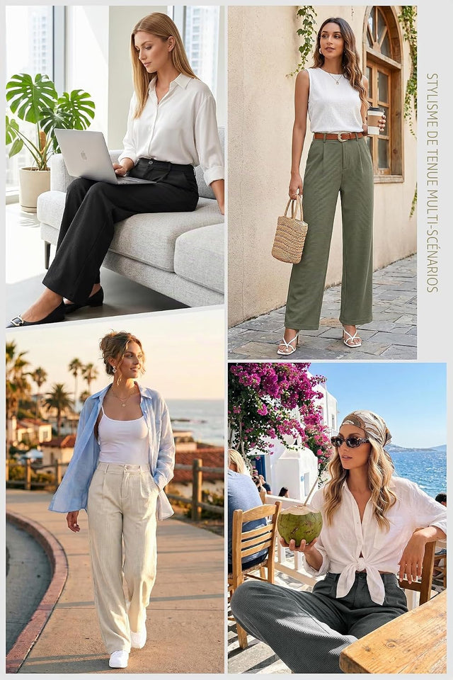 Pantalon Fluide Femme Taille Haute Elastique Jambe Large Droite Léger Texturé Pantalon Femme Été Chic Et Elegant Ample Sans Repassage Décontractés Avec Bouton Poches