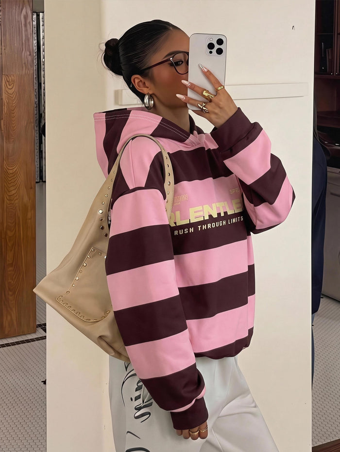 Muchica Casual Streetwear College Style Pink Striped Letter Print Women'S Long Sleeve Loose Hooded Sweatshirt, Suitable for Fall, School Everyday, Gathering