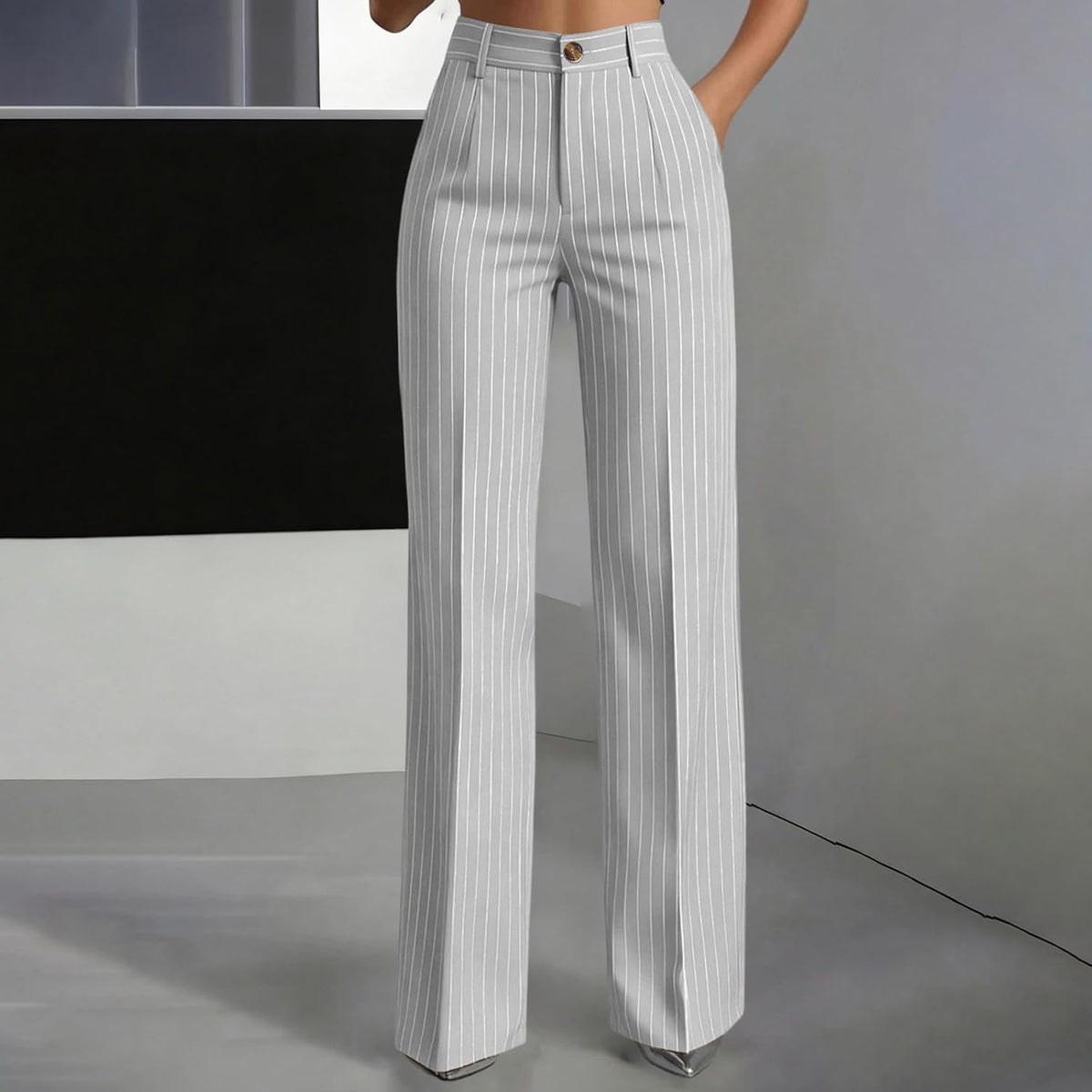 Pantalon Large Pour Femme, Taille Haute, Poches Droites À Rayures Fines