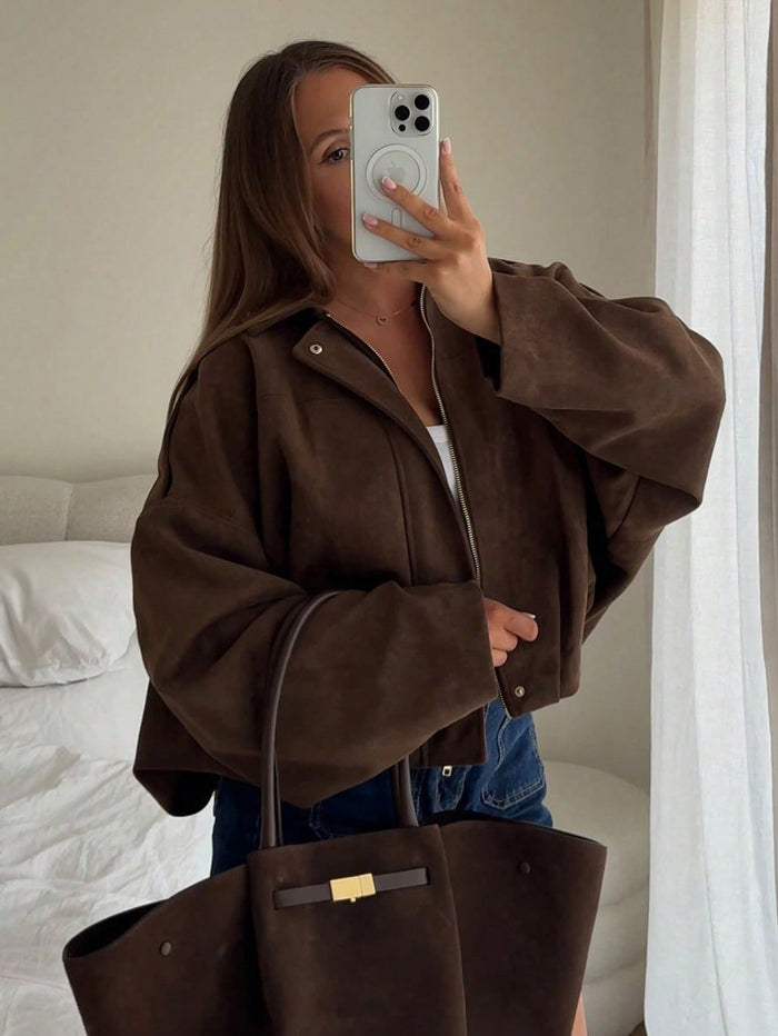 HLPHA Women'S Elegant Solid Color Faux Suede Aviator Jacket, Lightweight Basic Casual Autumn School & Commute Outerwear