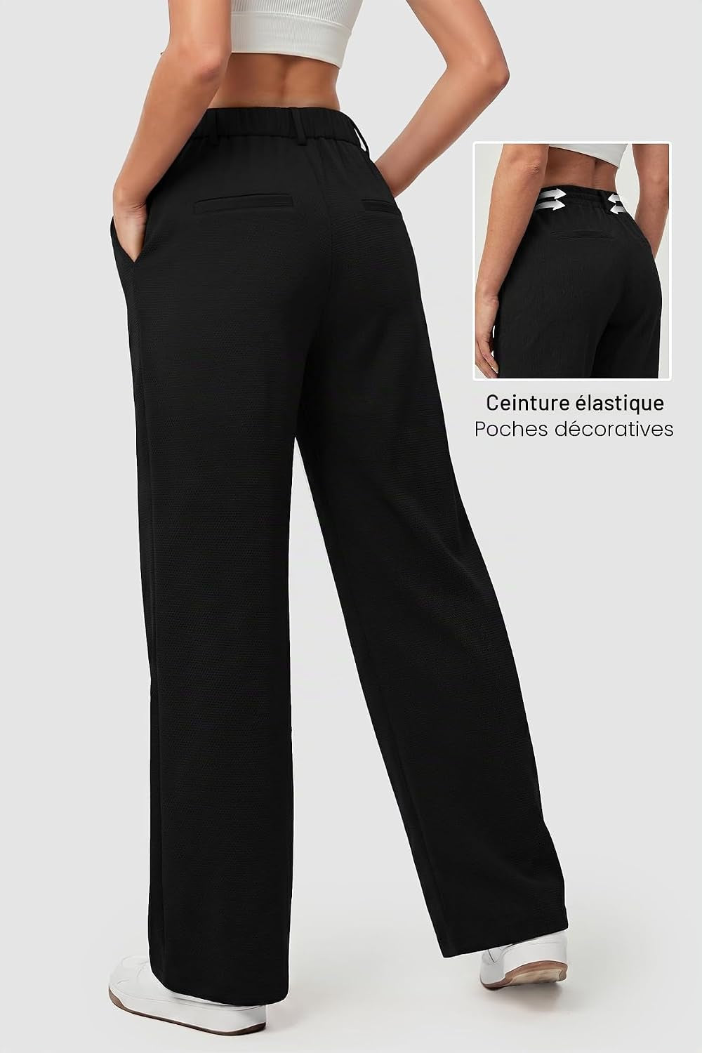 Pantalon Fluide Femme Taille Haute Elastique Jambe Large Droite Léger Texturé Pantalon Femme Été Chic Et Elegant Ample Sans Repassage Décontractés Avec Bouton Poches