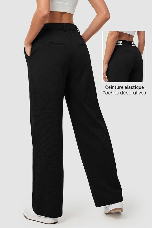 Pantalon Fluide Femme Taille Haute Elastique Jambe Large Droite Léger Texturé Pantalon Femme Été Chic Et Elegant Ample Sans Repassage Décontractés Avec Bouton Poches