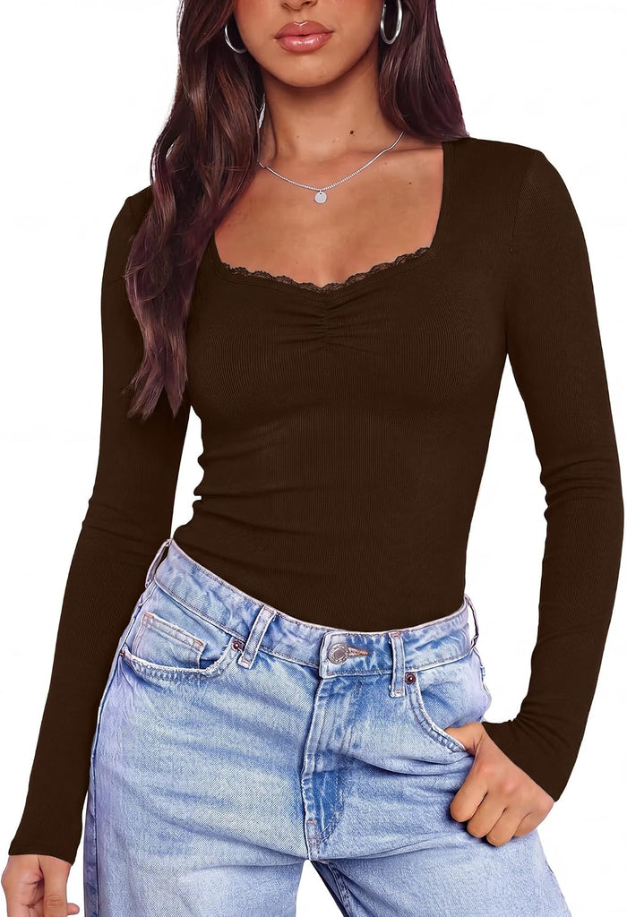 Tee Shirt Manche Longue Femme Col V Dentelle Haut Ajusté Extensible