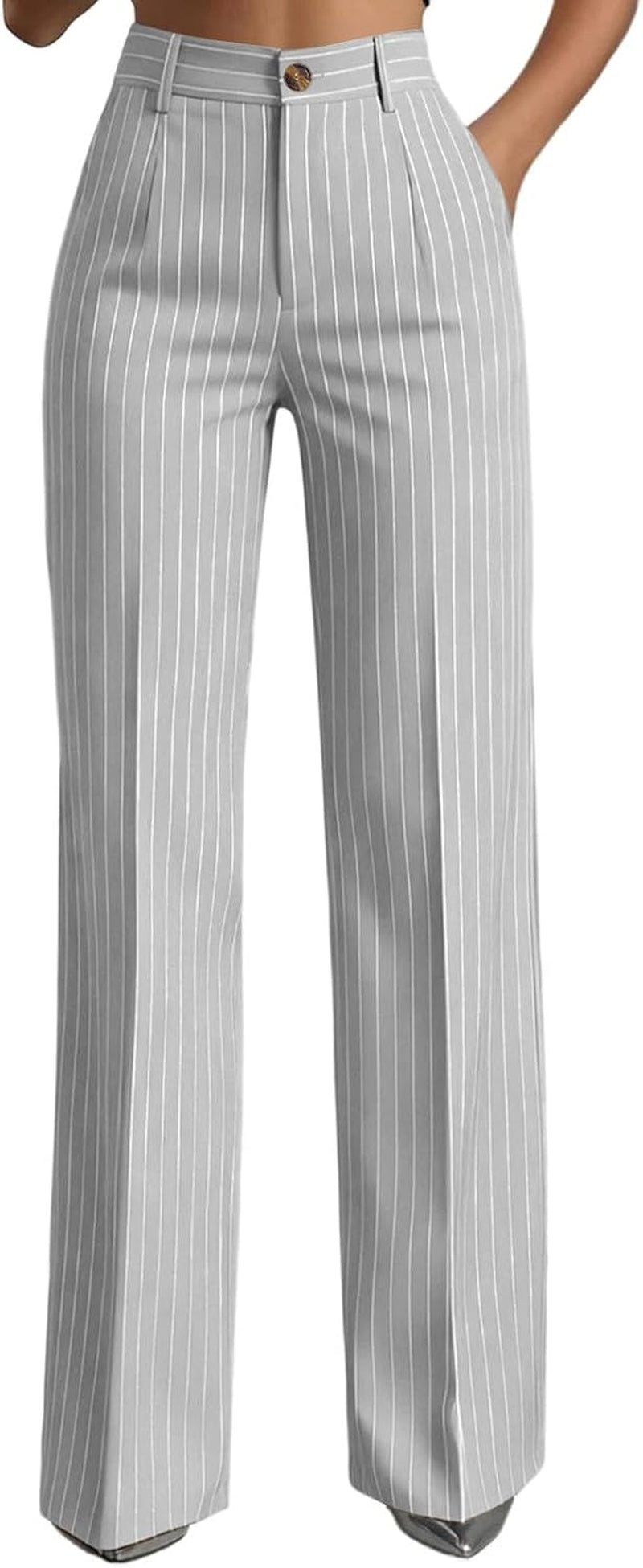 Pantalon Large Pour Femme, Taille Haute, Poches Droites À Rayures Fines