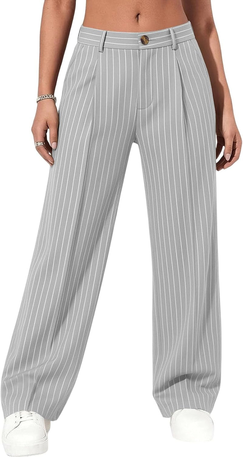 Pantalon Large Pour Femme, Taille Haute, Poches Droites À Rayures Fines