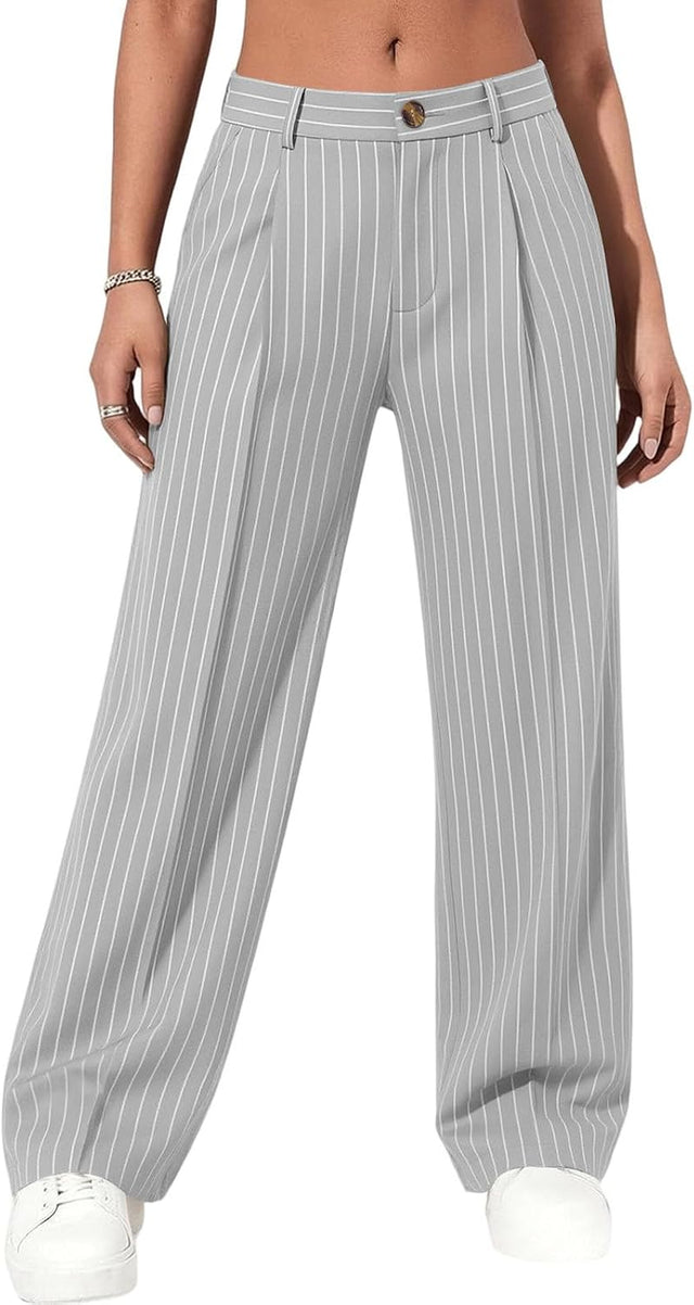 Pantalon Large Pour Femme, Taille Haute, Poches Droites À Rayures Fines