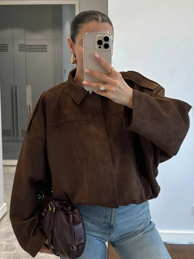 HLPHA Women'S Elegant Solid Color Faux Suede Aviator Jacket, Lightweight Basic Casual Autumn School & Commute Outerwear
