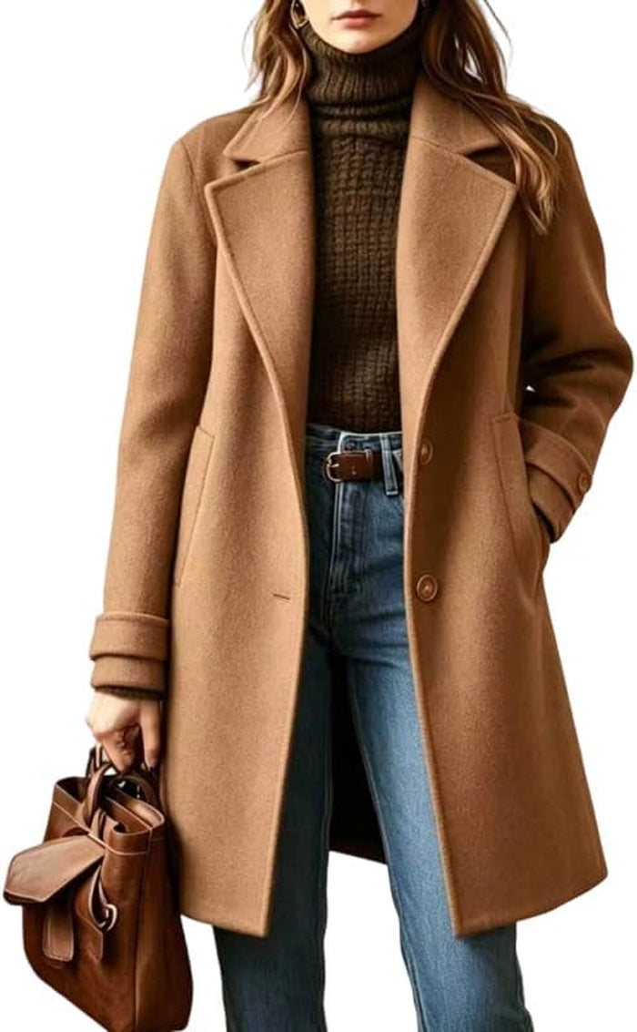 Manteau En Laine Pour Femme Avec Revers Mi-Long