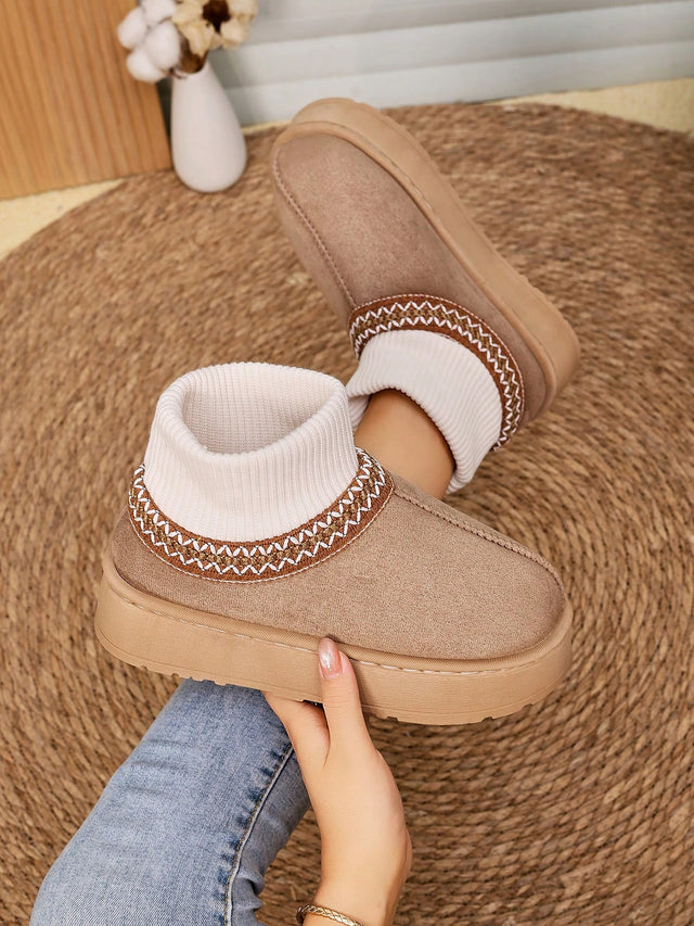 Vintage Knitted Sock Snow Boots for Women, Autumn/Winter Thick Sole Height-Increasing Thermal Lined Warm Outdoor Wear Slouchy Slip-On Slippers