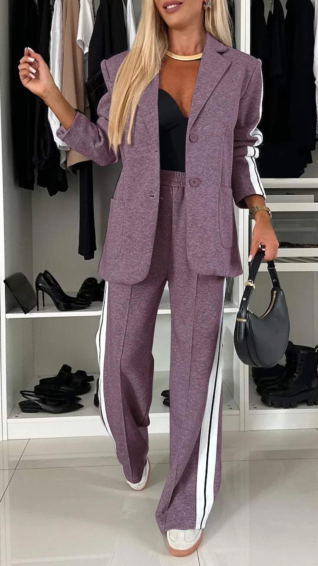 Ensemble Décontracté À Simple Boutonnage Pour Femme – Veste Lâche À Rayures Et Pantalon Large