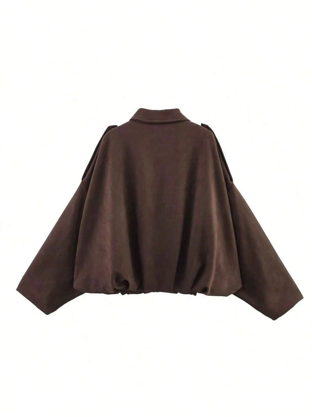 HLPHA Women'S Elegant Solid Color Faux Suede Aviator Jacket, Lightweight Basic Casual Autumn School & Commute Outerwear