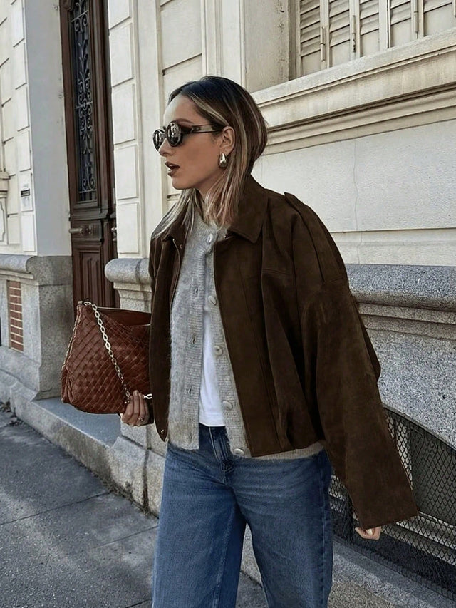 HLPHA Women'S Elegant Solid Color Faux Suede Aviator Jacket, Lightweight Basic Casual Autumn School & Commute Outerwear