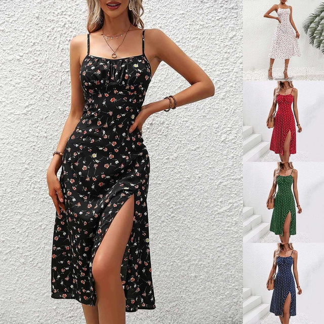 Robe D'Été À Pois Pour Femme - Longue Robe Bohème Avec Fente Latérale - Vintage - Bretelles Spaghetti - Robe Florale - Robe Trapèze Élégante - Coupe Ajustée - Robe Midi Amincissante