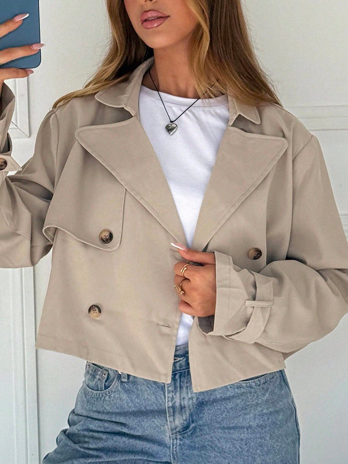 Ezwear Women'S Khaki Solid Color Double-Breasted Cropped Jacket in Autumn/ Office Everyday Work Holiday French Casual