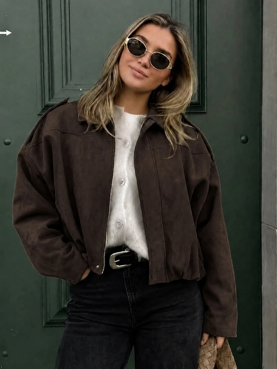 HLPHA Women'S Elegant Solid Color Faux Suede Aviator Jacket, Lightweight Basic Casual Autumn School & Commute Outerwear