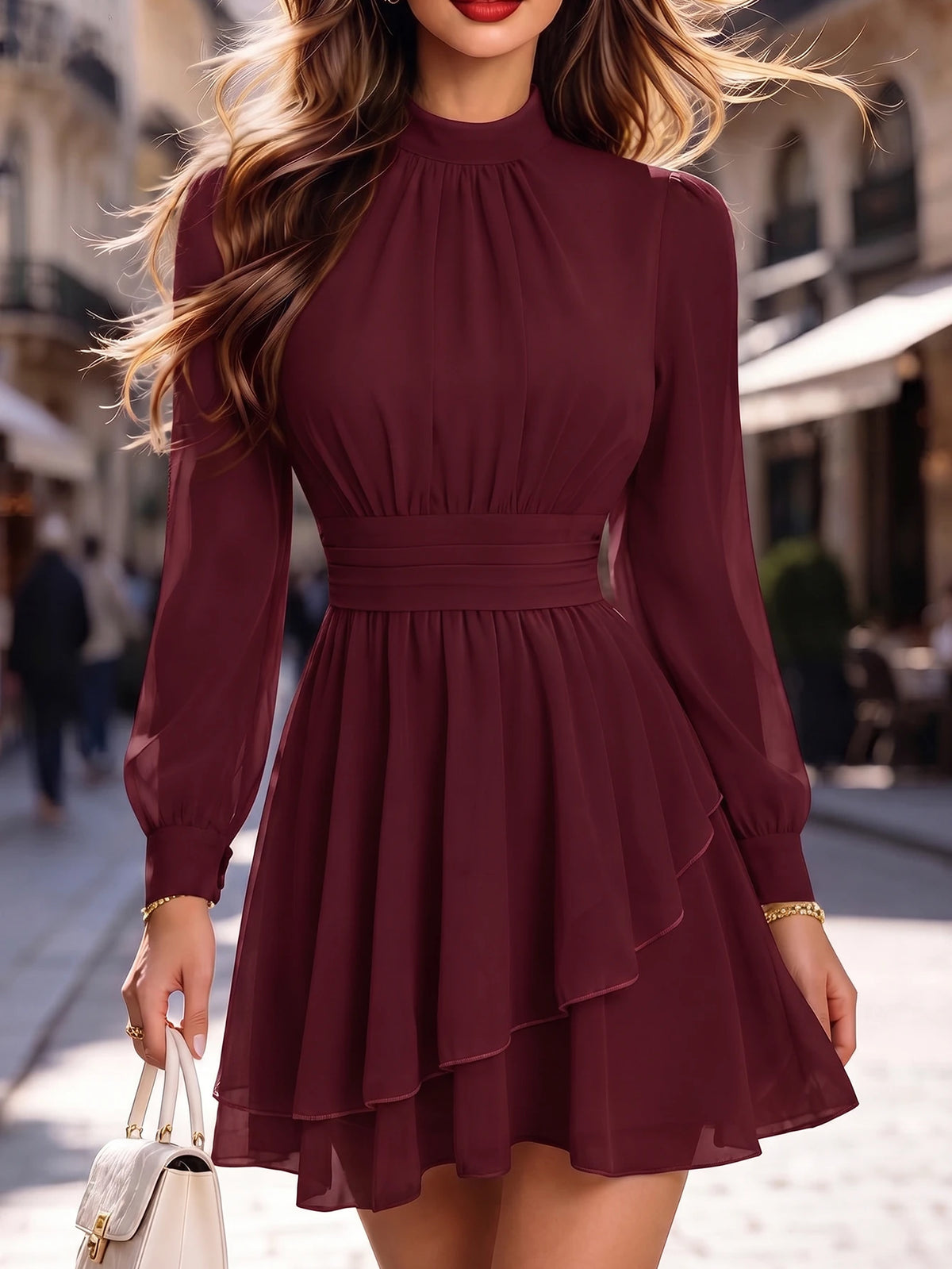Women'S Elegant Romantic Small Stand Collar Asymmetrical Hem Flowy Chiffon Cinched Waist Dress, Suitable for Date, Vacation, Daily Wear, Birthday Party, Wedding Guest, Gentle and Playful Short Long Sleeve Dress