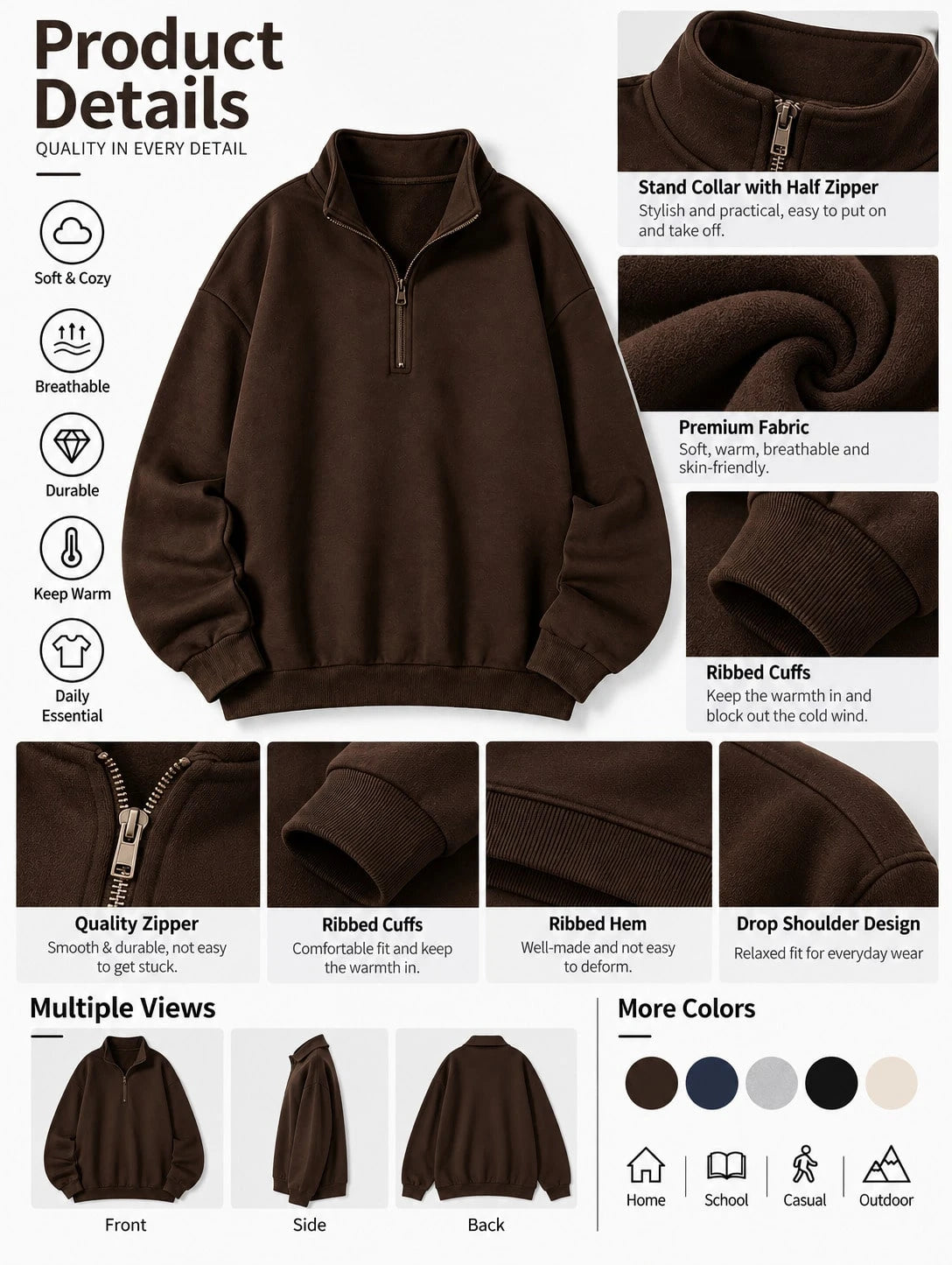 Women'S Brown Half Zip Sweatshirt, Oversized Pullover Long Sleeve Casual Top, Fall Outfit for Women, Winter Clothes for Women, Cozy Streetwear