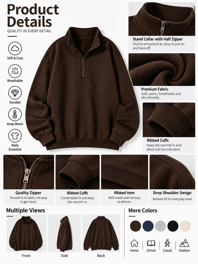 Women'S Brown Half Zip Sweatshirt, Oversized Pullover Long Sleeve Casual Top, Fall Outfit for Women, Winter Clothes for Women, Cozy Streetwear
