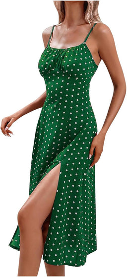 Robe D'Été À Pois Pour Femme - Longue Robe Bohème Avec Fente Latérale - Vintage - Bretelles Spaghetti - Robe Florale - Robe Trapèze Élégante - Coupe Ajustée - Robe Midi Amincissante